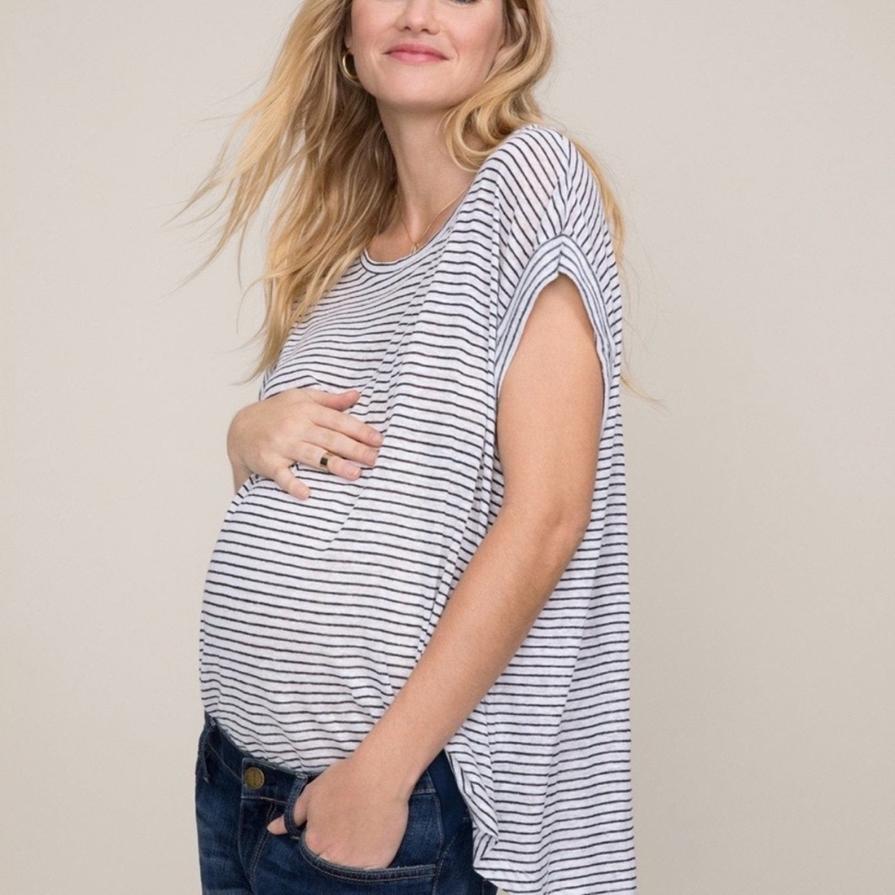 Hatch Maternity Navy and White Striped Short Sleeve Linen Top M